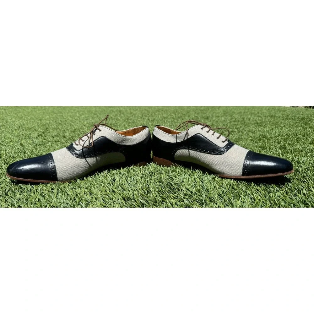 Paul Fredrick Men's 9M Black Stone Leather Canvas Cap Toe Oxford Italy 3166